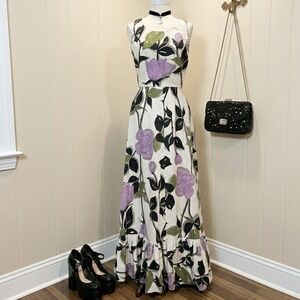 Kentucky Derby Vintage Floral Maxi Dress Ruffle Sleeveless Formal Brunch Summer